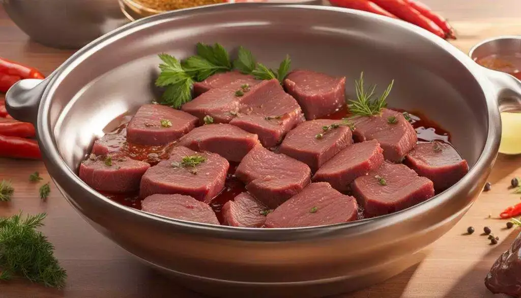 Beef being marinated in a bowl