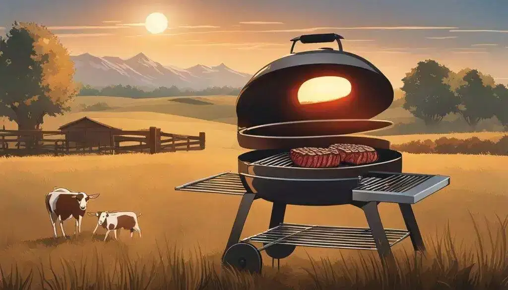 Grass-fed beef cooking on a grill
