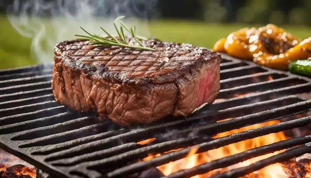 Grass-finished beef steak on a grill.