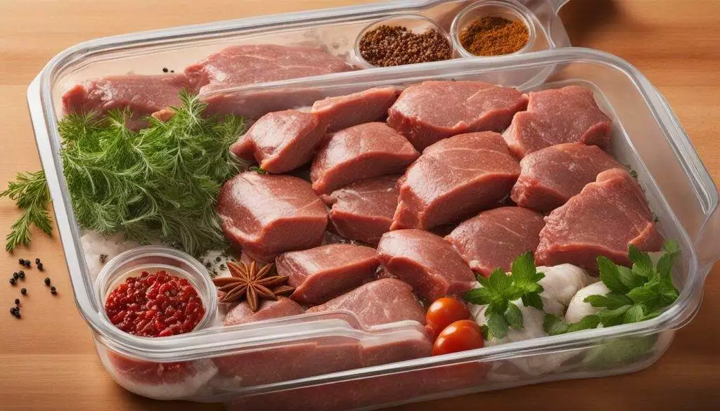 Marinating meats in a plastic container with herbs and spices.