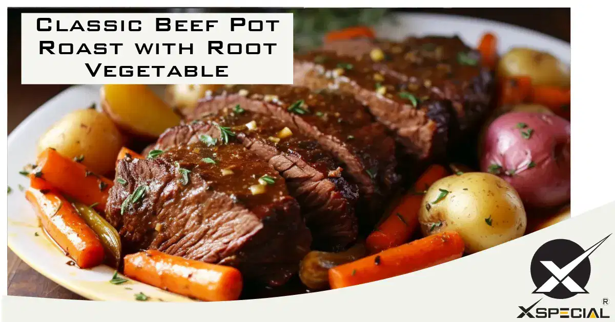 Classic beef pot roast with root vegetables.