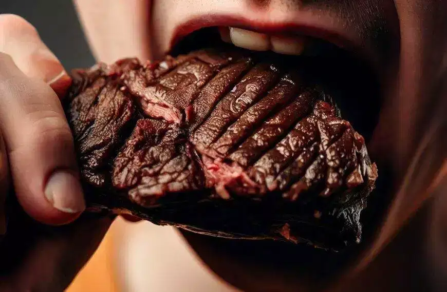 A man is biting into a piece of meat.