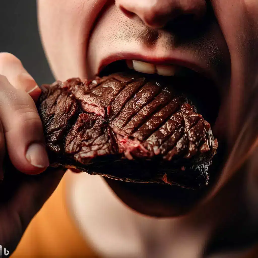 A man is biting into a piece of meat.